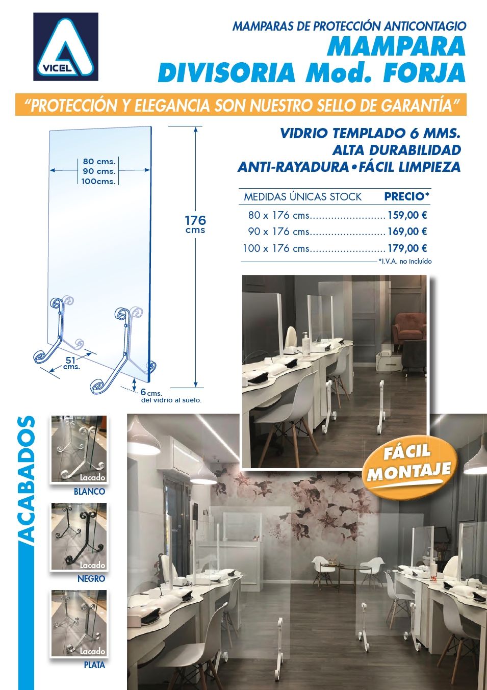 Mamparas de protección anticontagios de vidrio templado rodantes antivuelco modelo FORJA